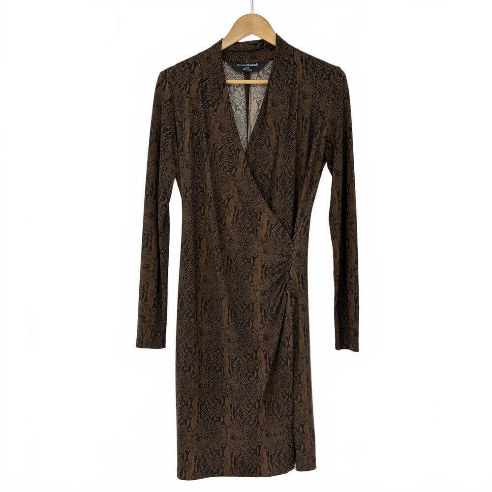 Norma Kamali Brown Snake Print Long Sleeve Wrap Dress M EUC